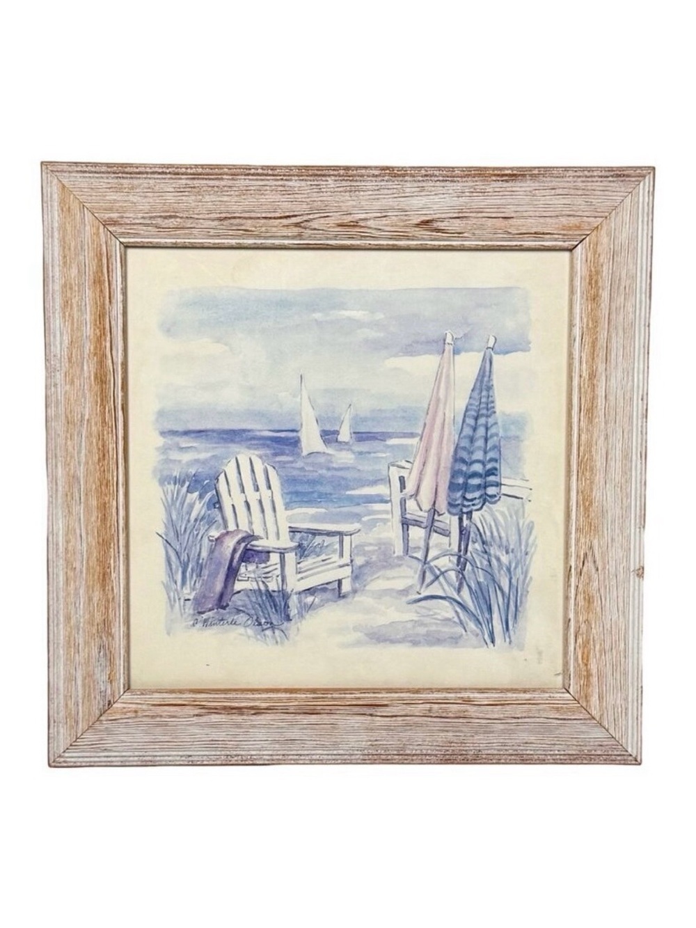 VTG C Winterle Olson Beach Watercolor Art Print Square Frame Signed Coastal 11.5